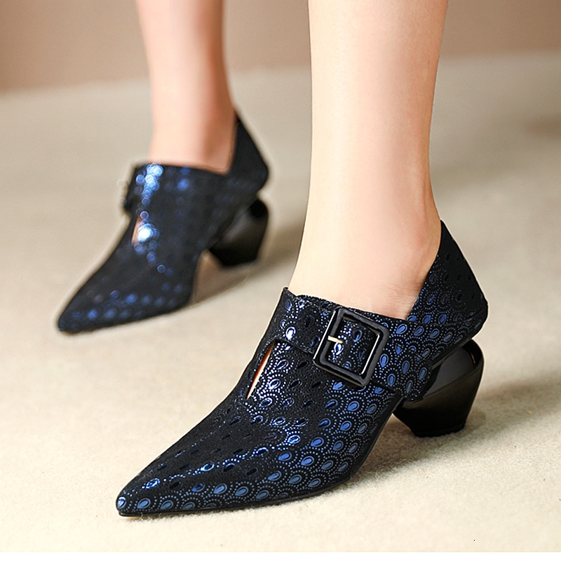 

2021 Female Pumps Plus Size Peacock Pattern of Sheepskin Shaped Like Buckle Heel and Americaladies Shoes OX76, Blue