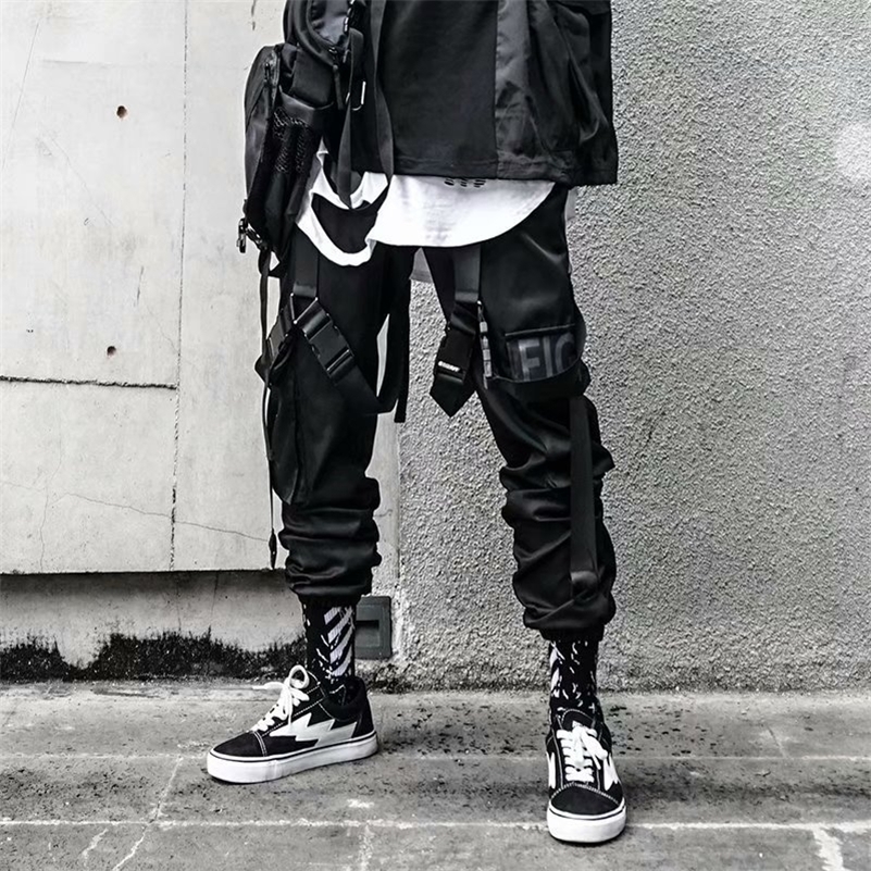 

Joggers Cargo Pants for Men Casual Hip Hop Hit Color Pocket Male Trousers Sweatpants Streetwear Ribbons Techwear Pants 201110
