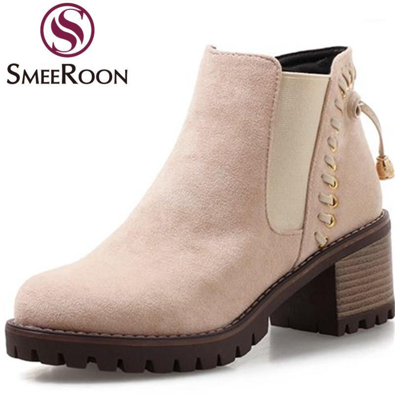 

Smeeroon 2021 popular round toe ankle boots for women slip on warm winter boots fashion square heels simple shoes1, Black