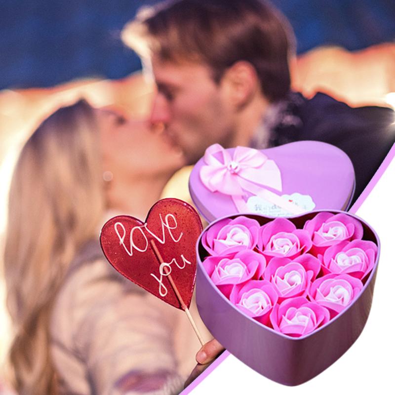 

Creative Design Valentine's Day Gift Birthday Valentine's Day Gift 9 Roses Couple Cute Heart-shaped Box Rose Soap Flower#YL10, Blue