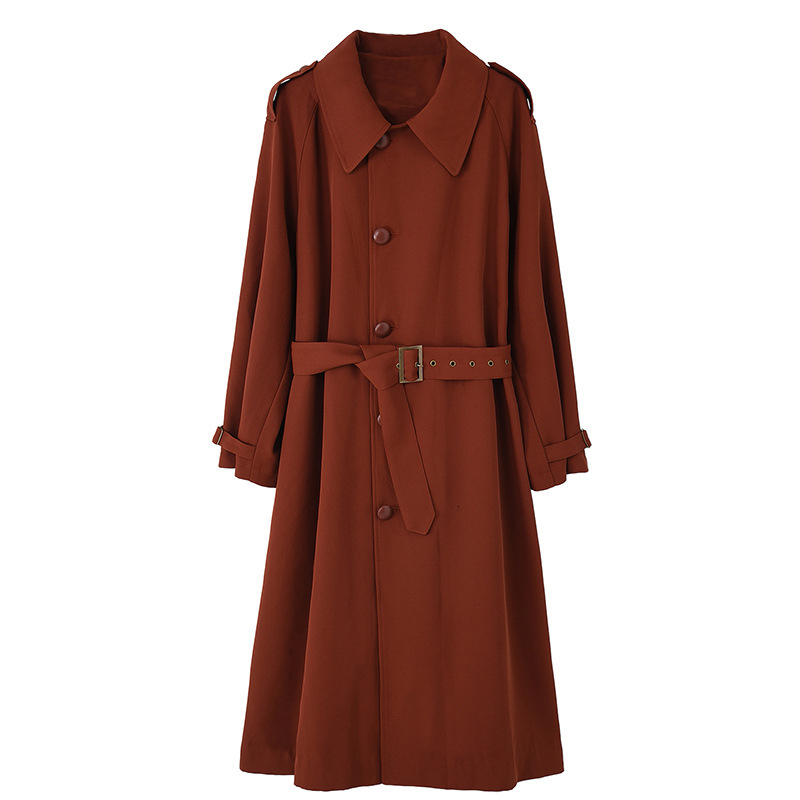 

2021 New Autumn Women with Belt Turn Down Collar Long Sleeve Coat Casaco Feminino Harajuku Abrigo Mujer Trench Femme 9snw, Coral red