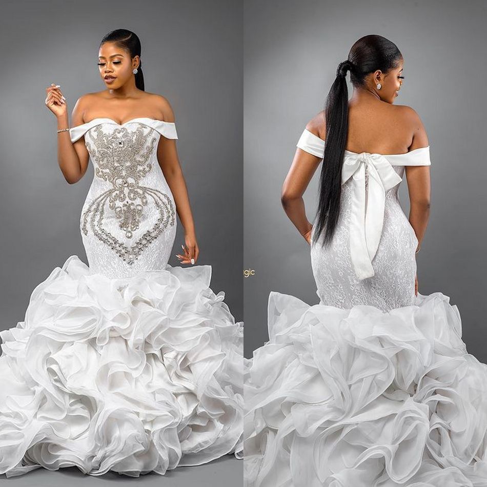 

Luxury Mermaid Wedding Dresses Sexy Off Shoulder Lace Appliques Tiers Bridal Gowns Custom Made Backless Sweep Train Wedding Dress, Ivory