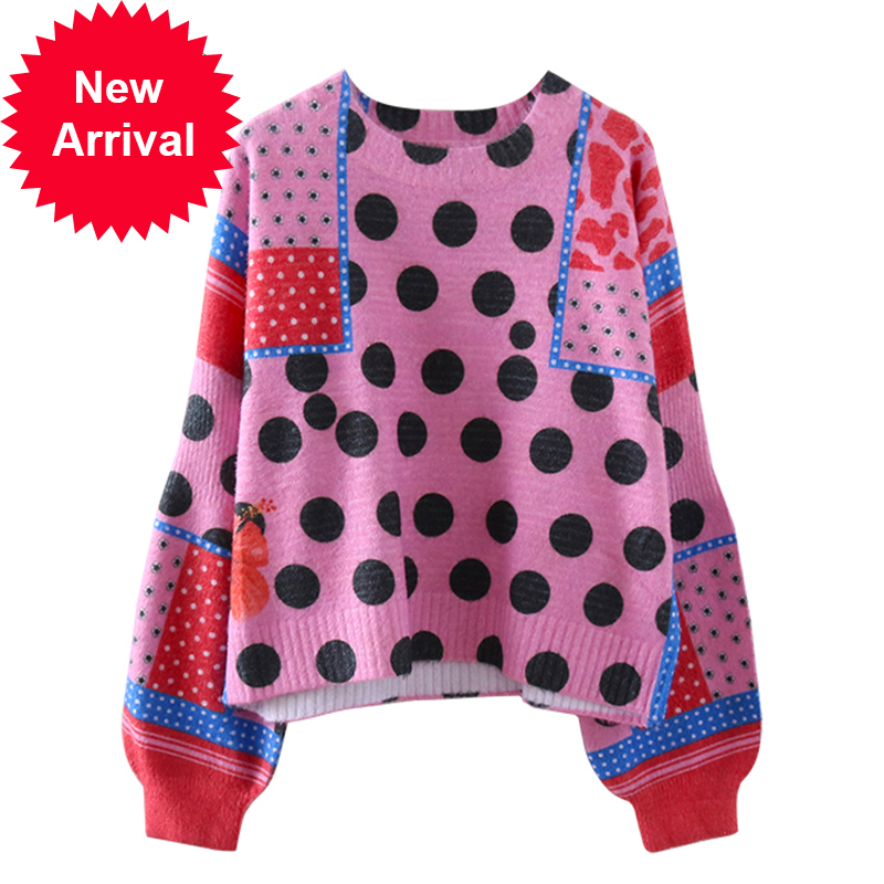 

Beautiful women's sweater stitches knitted print neck casual mohair autumn loose warm lantern long female sleeve C-343-1, Pink