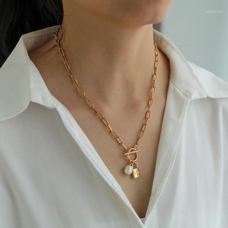 

1pc Free Shipping Paperclip Link Big Chunky Chain Lock Pendant Clip Choker Punk Statement Jewelry Pearl Necklace For Women1