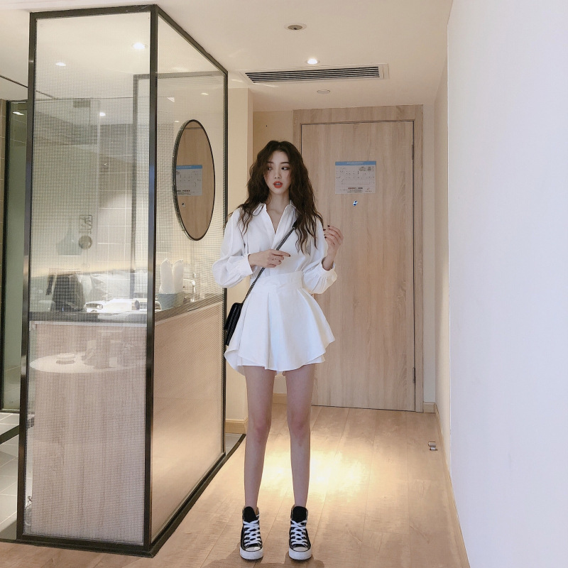 

New Sweet white women's fashion ensembles party 2 order sleeve clothes single breasted waistbands shirt and elastic waistband shorts KUY2, Picture color