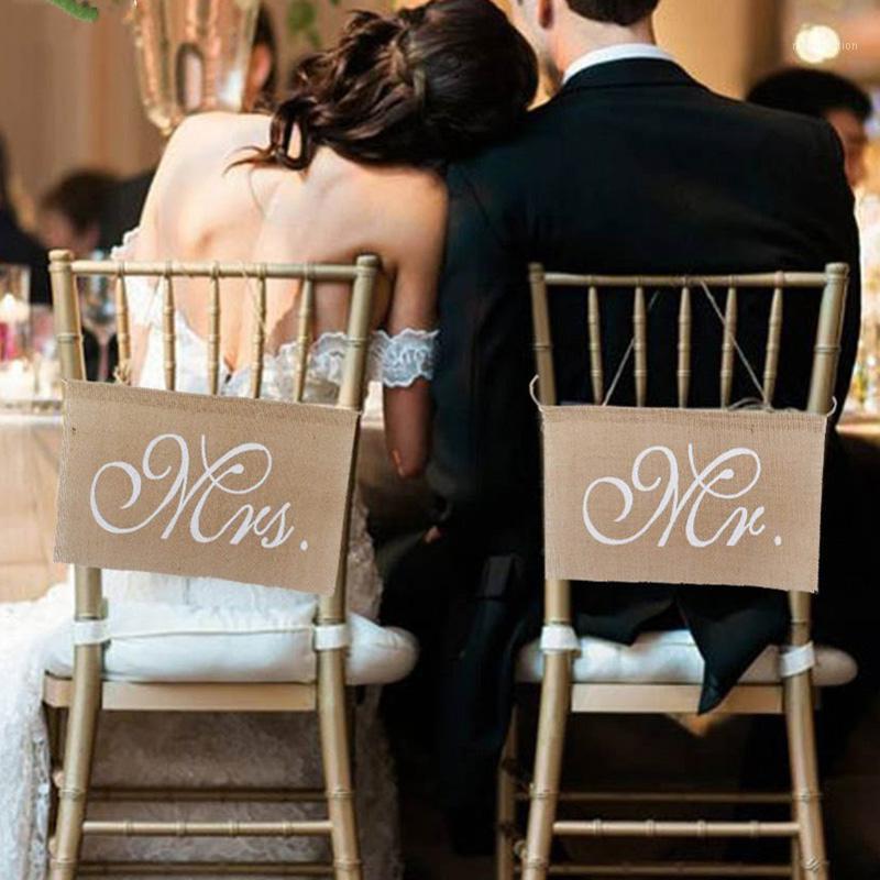 

HobbyLane 2pcs/lot Burlap Bows Mr. & Mrs Burlap Chair Banner Set Chair Sign Garland Rustic Wedding Party Decoration1