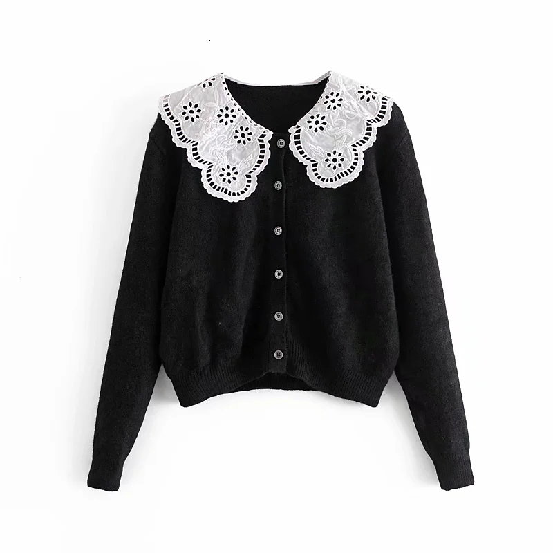 

2021 Women New Sweet White Embroidery Lotus Leaf Large Lapel Black Sweater Female Simple Single-breasted Long-sleeved Top LF1H