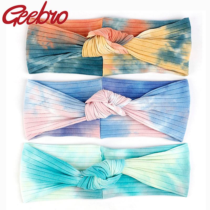 

Geebro Casual Colorful tie dye Ribbed Headbands For Women New Soft Rainbow Cotton Stretch Knot Hair Bands Head Wrap For Ladies