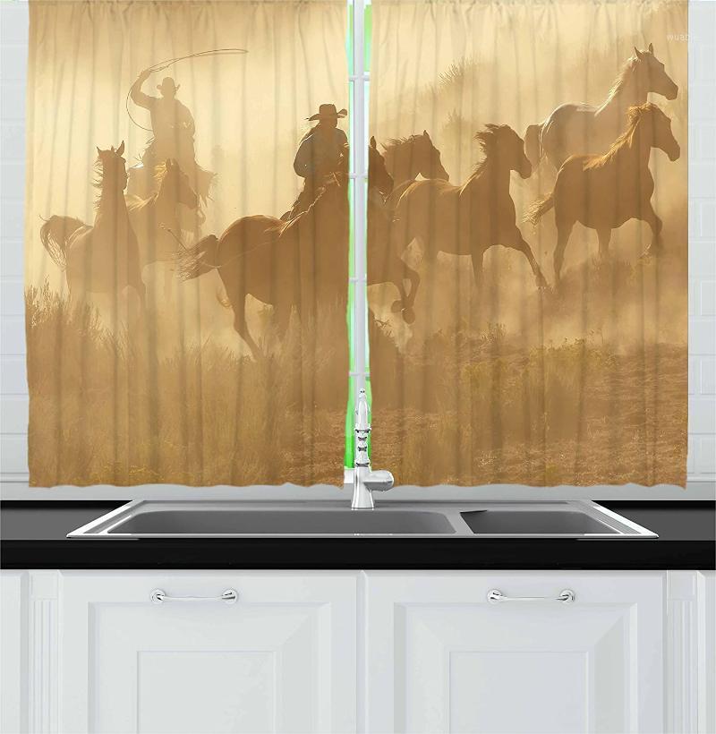 

Western Kitchen Curtains Galloping Running Horses in Desert 2 Cowboys Roping Dusty Wild Rural Countryside Window Curtain1, As pic