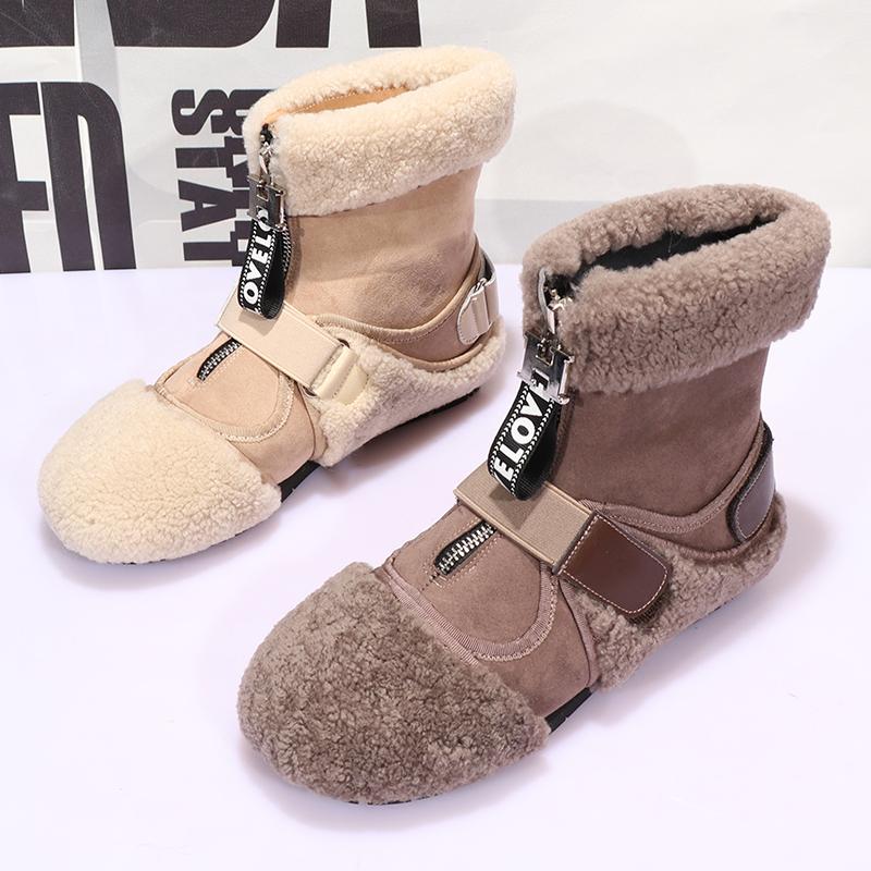 

Women's Winter Ankle Boots Flat Snow Boots Warm Shoes Round Toe Zipper Front B189, Khaki