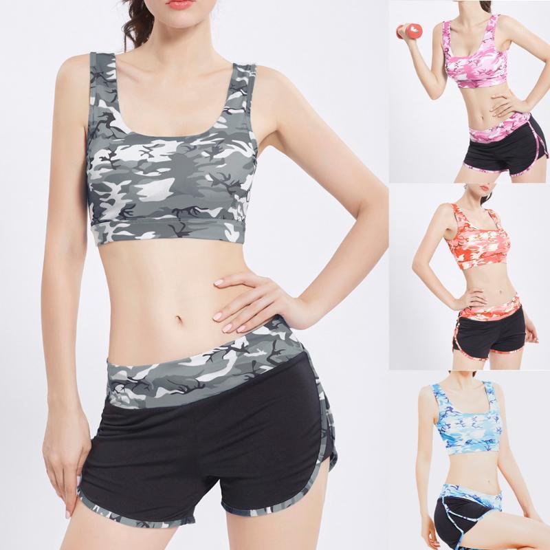 

2pcs Seamless camouflage Trainning Set Sportswear Sports Bra+shorts Fitness Pants Gym Running Suit Exercise Clothing Athletic#g21, Blue