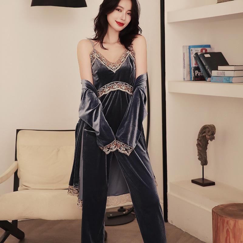 

Home service gold velvet pajamas female night dress long sleeve four-piece bathrobe bridal wedding robe dressing gown sleepwear, Pink