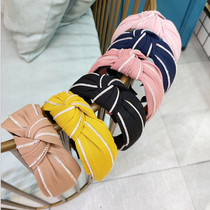 

New Fashion Women Hairband Shining Two Chains Rhinestone Headband Wide Side Center Knot Hair Band Adult Hair Accessories, Mixed color