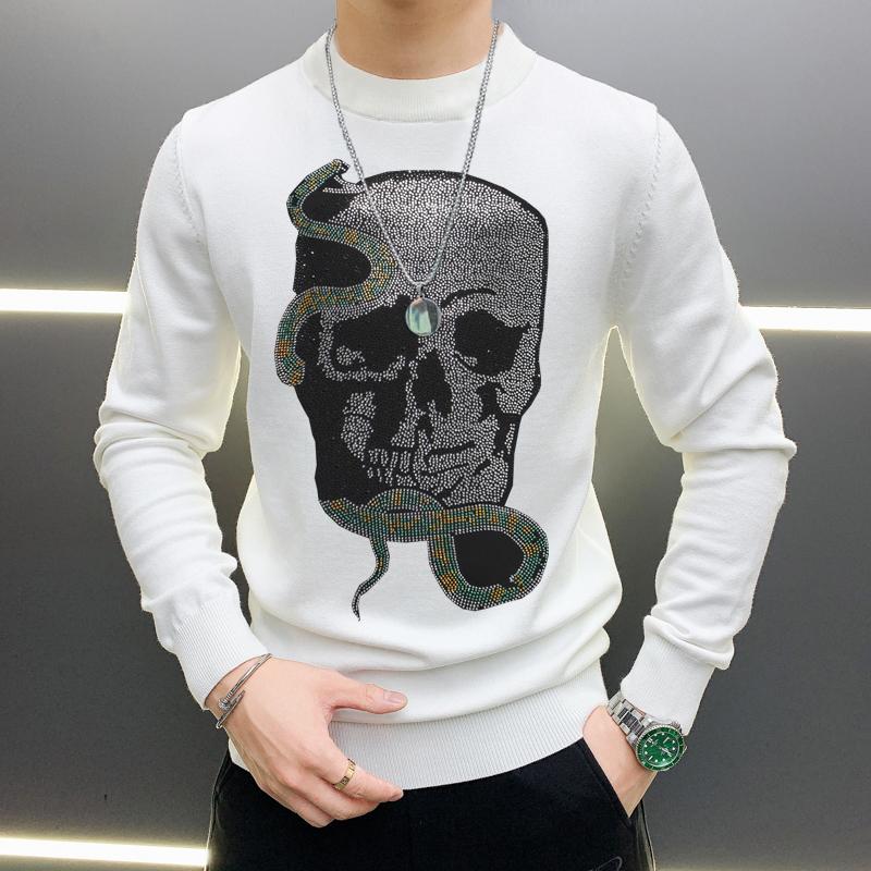 

Snake 5XL Sweater Rhinestone Loose Size Street Skull Hip-Hop Men's Winter Crew O Neck Pullover, As shown asian size