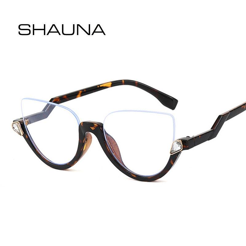 

SHAUNA Classic Crystal Half Frame Sunglasses Women Fashion Anti-Blue Light Cat Eye Optical Frames Computer Glasses