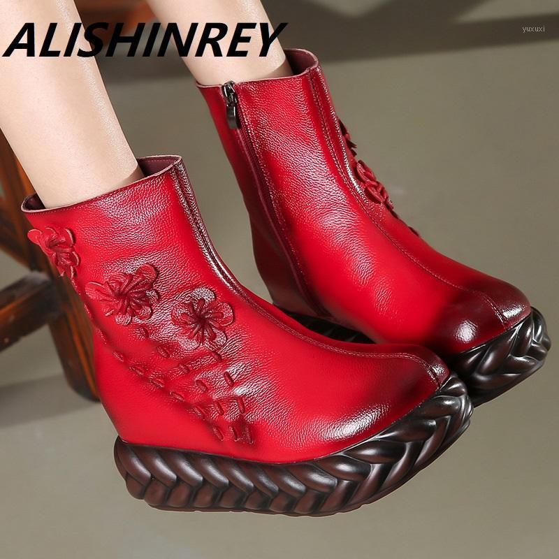 

2020 Winter National Style Women Genuine Leather Ankle Shoes Flat Vintage Lady Shoes Thick Bottom Casual Velvet Women's Boots1, Black