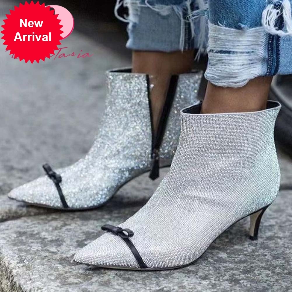 

2021 The New New Hot Ladies'fashions to Toe Thin Heel Crystal Boots Sexy Women's Shoes Omua, Silver