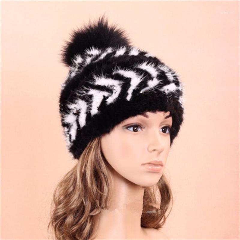 

Beanie/Skull Caps Women Real Hat For Lady Striped Warm Winter Knitted Cap With Genuine Ball Pompom R61, White
