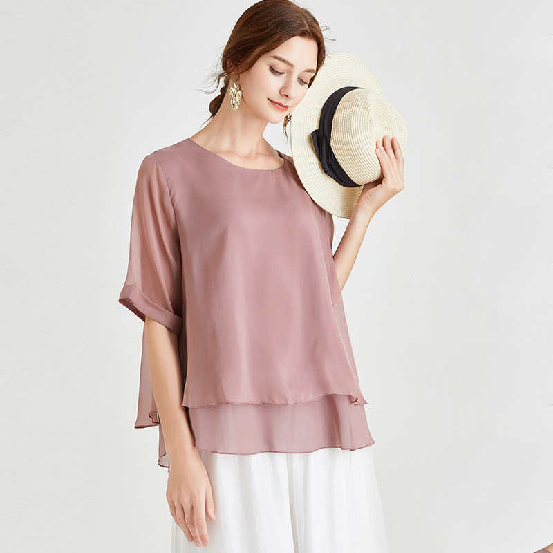 

7738# JRY New Summer Women Fashion Silk Blouses Round Collar Half Sleeve European Tops Lady Solid Color Irregular Blouses Plus Size -4XL, Pink