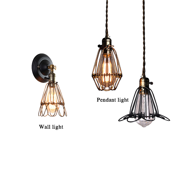 

American retro industrial iron cage art black bronze iron wall lamp restaurant bar Hanging lamps decoration