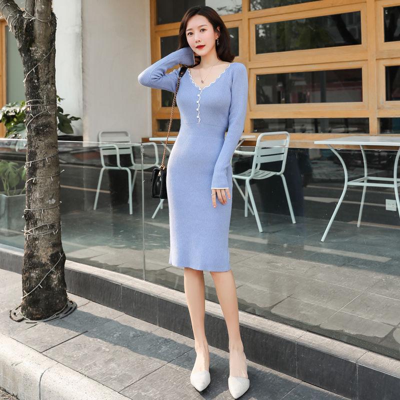 

Women New 2021 Autumn Winter V-Neck Long Sleeve Knitted Sweater Dress Female Bottoming Mid-length Slim-fit Dresses Vestidos A473, Black