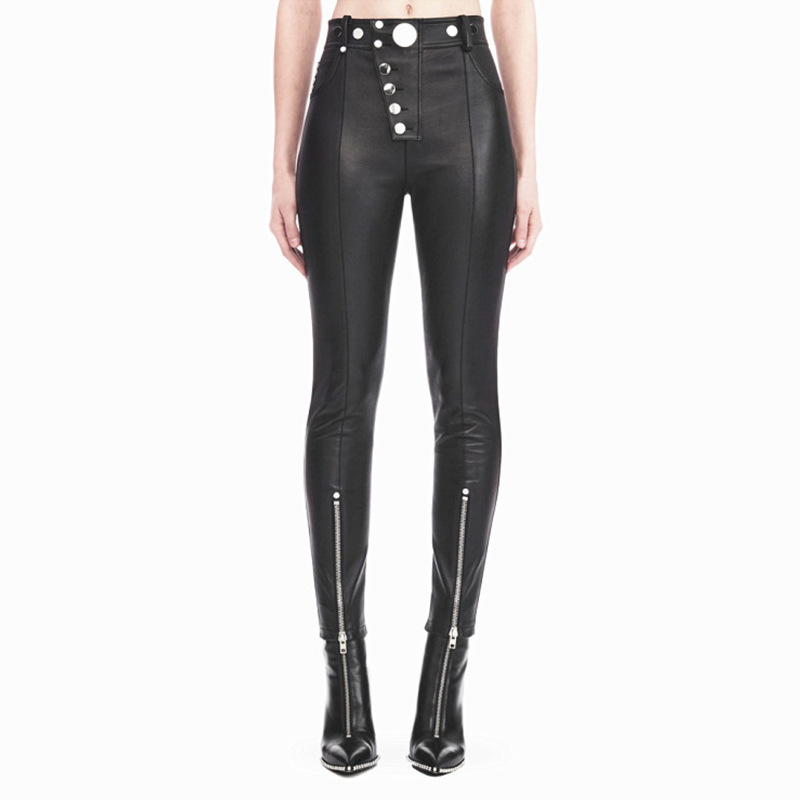 

2020 female water wash pu lacing punk leather with hip beads fine women's chains fashion ankle-length pants wj1410, Blake