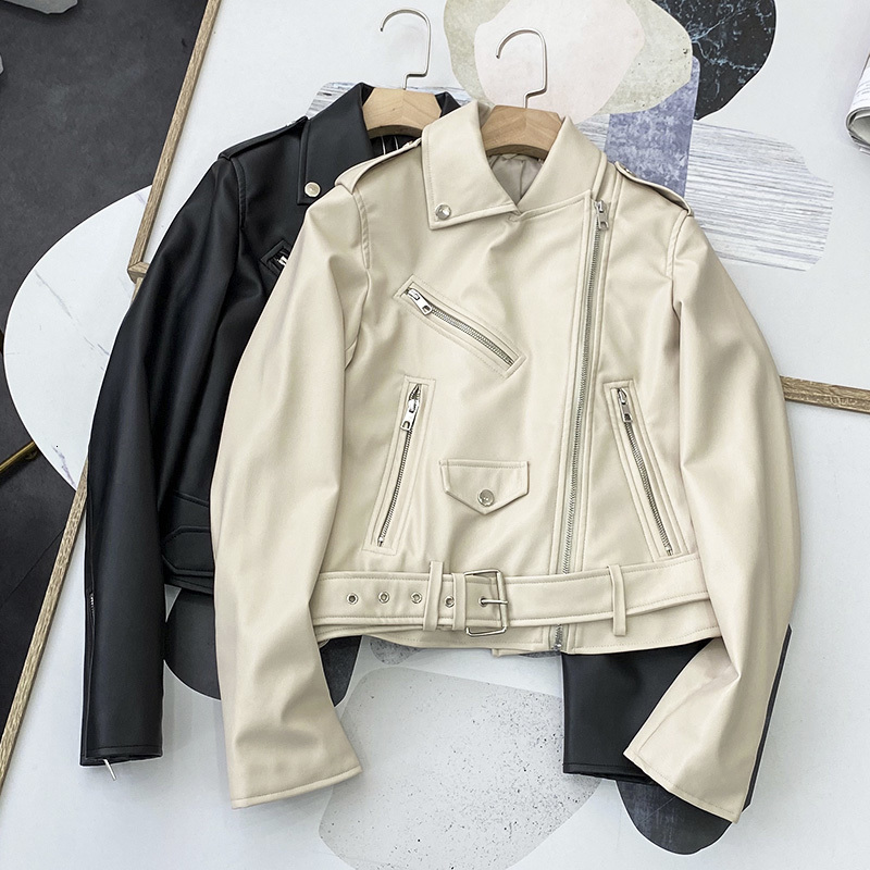 

2021 New Spring Female Black Autumn Plutonium Leather with Punk Belt Streetwear Turn Down Collar Jacket Outwear 0DZ8, Beige