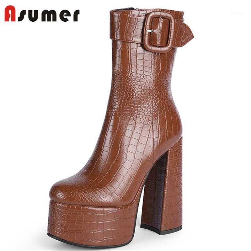 

Asumer 2021 European Style High Heel Platform Boots Women Sexy Party Shoes Round Toe Buckle Autumn Winter Ankle Boots Women1, Brown