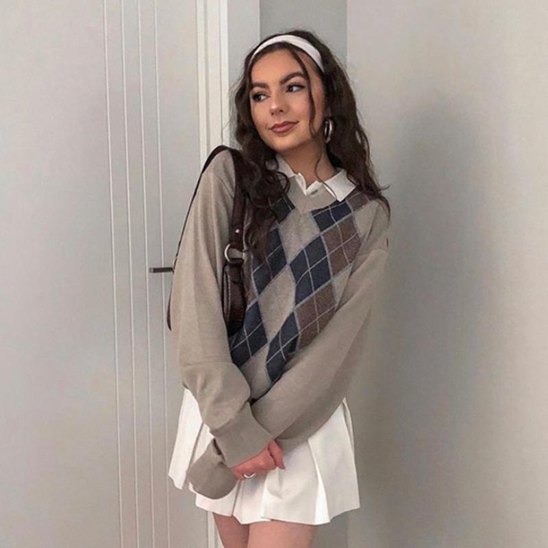 Korean Fashion Knitted Pullover Jacket Y2K Plaid Argyle Vintage Sweaters Women Streetwear Oversized V Neck Harajuku Pullovers