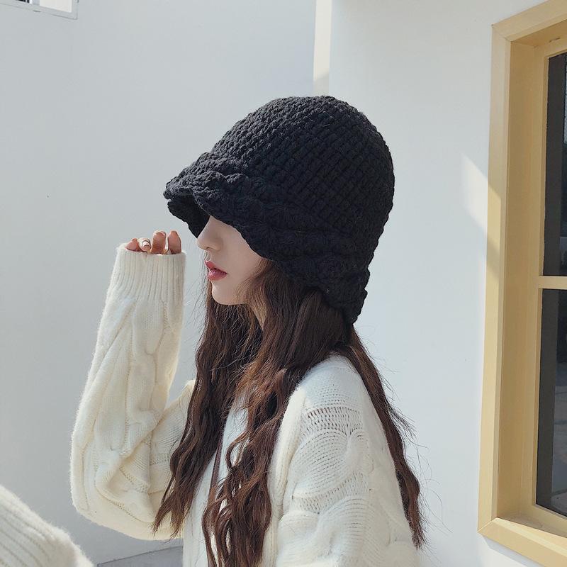 

Fashion Warm Folding Fisherman's Hat Casual All-match Knitting Caps Solid Color Winter Autumn Women's wool Knitted Bucket Hats, Black