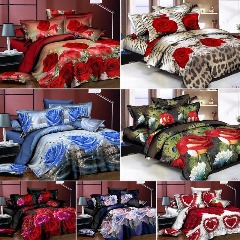 

4Pcs/Set 3D Rose Flower Printing Pillowcase Quilt Cover Bed Sheet Bedding Set1, Style 8
