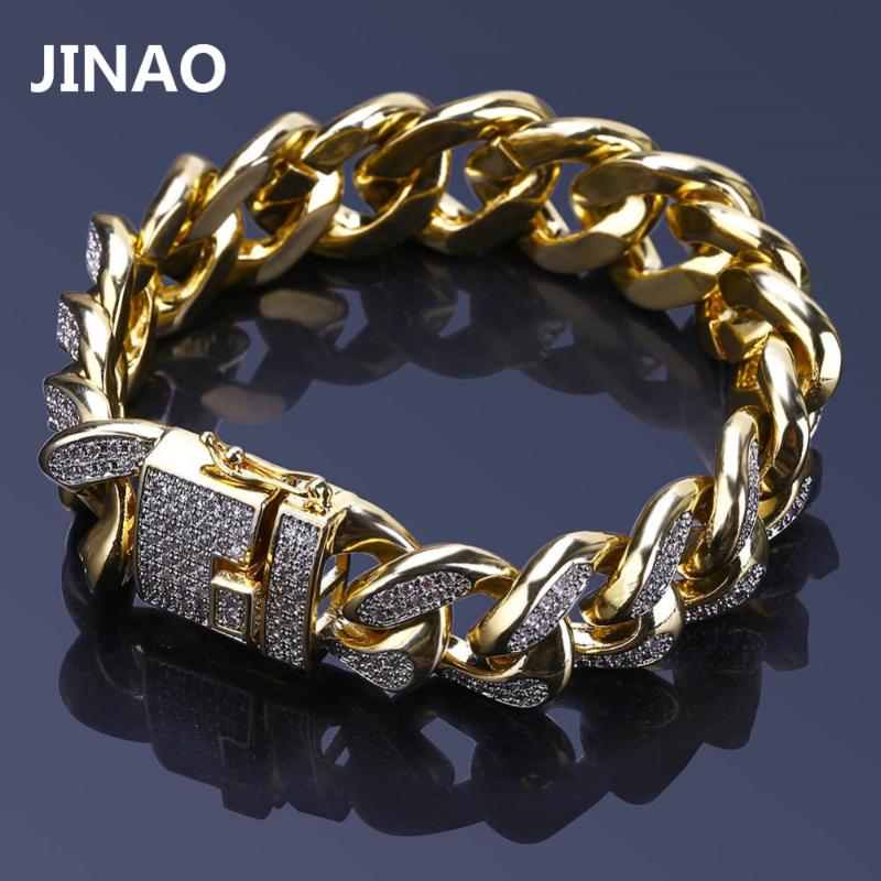

JINAO 18mm Men Hip Hop Iced Out Miami Cuban Link Bracelet Gold Silver Color Plated Chain Bracelets Men Women Fashion Jewelry