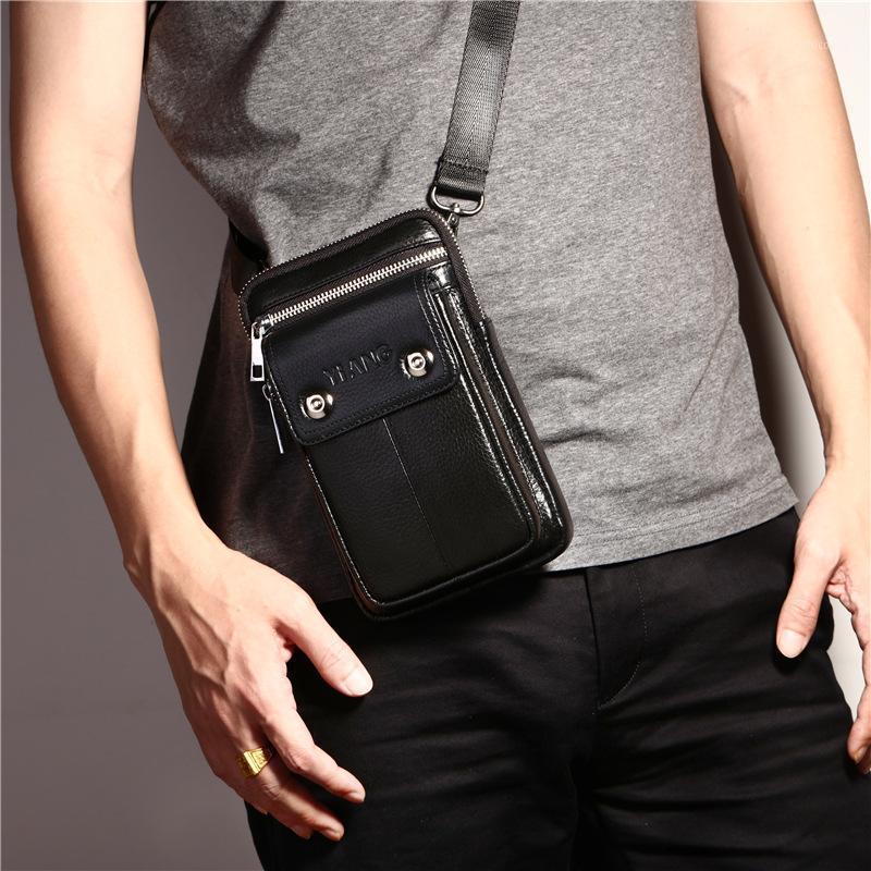 

2 IN 1 Men Business 100% Genuine Leather Mini Waist Packs Belt Bags Natural Cowhide Vintage Leather Man Messenger Bags1, Black