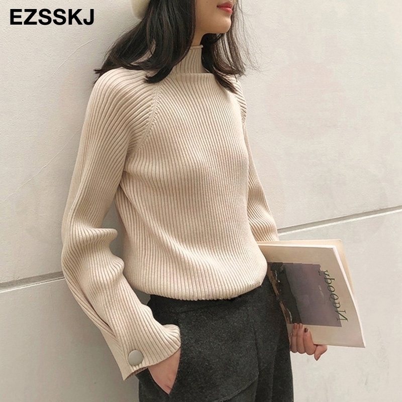 

chic Autumn winter thick Sweater Pullovers Women flare Sleeve casual warm loose high Sweater female knit Jumpers top 201123, Oatmeal