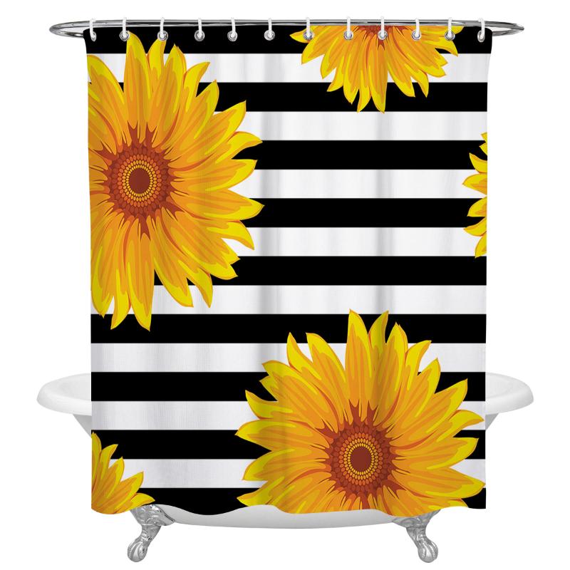 

Black And White Striped Sunflower Print Shower Curtains Waterproof Polyester Bath Screen Products Bathroom Curtain Home Decor