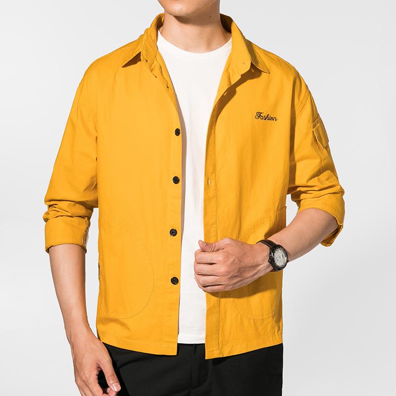 

2020 falling shoulder fashion new autumn spring lapel long sleeves washed shirts men's shirts casual cotton coats, Black