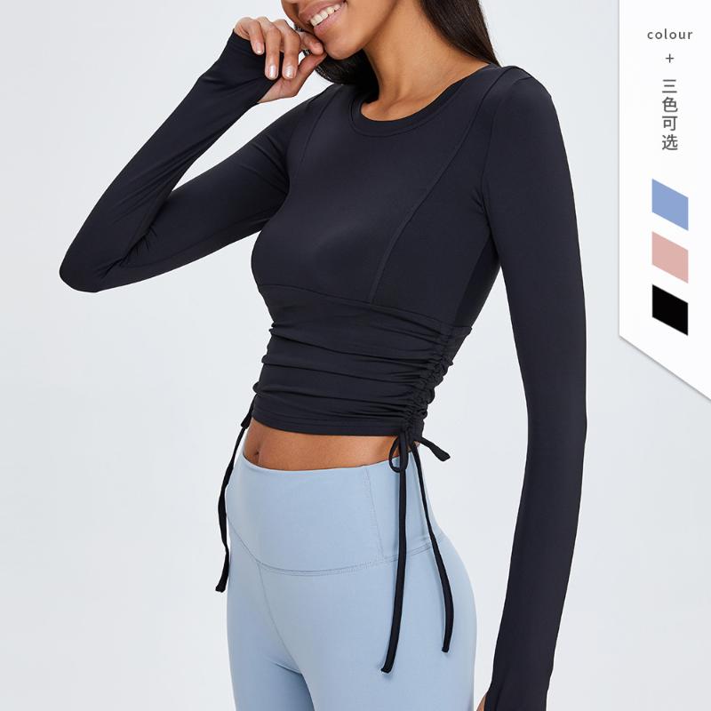 

Autumn Sport Tops Women Fitness Jersey Gym Long Sleeve Yoga Crop Tops Drawstring Both Sides Running Workout T-shirt, Black