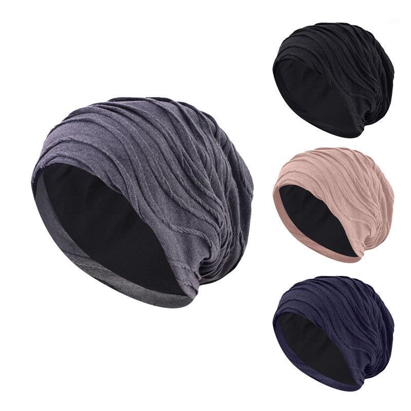 

2021 New Solid Color Fold Double Layer Warm Satin Lined Chemo Cap Muslim Women Night Stretch Sleep Cotton Bonnet Hat Accessories1