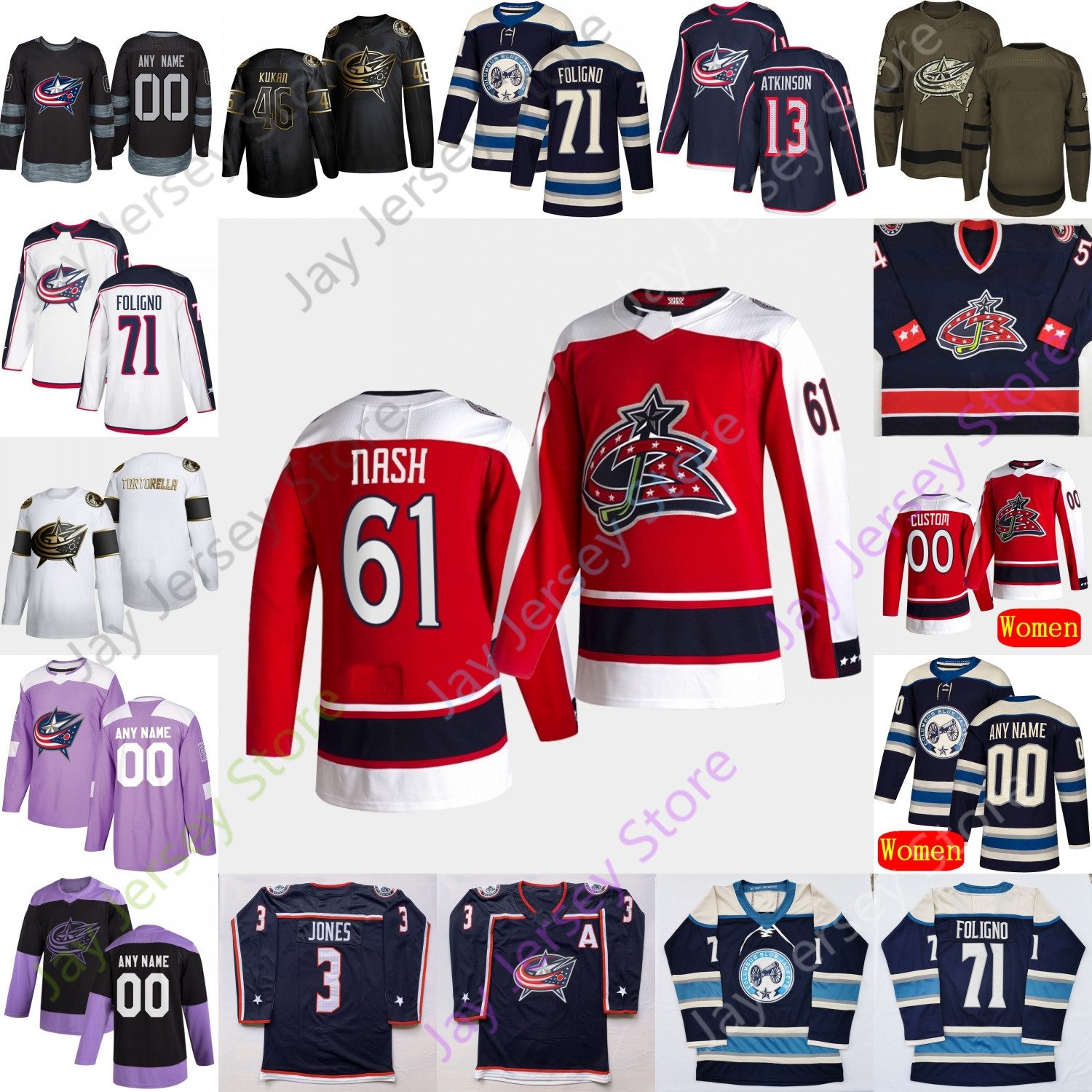 

Columbus Blue Jackets Ice Hockey Jersey Zach Werenski Atkinson Domi Foligno Jenner Jones Koivu Laine Nash Bemstrom Bjorkstrand Carlsson, Black;red