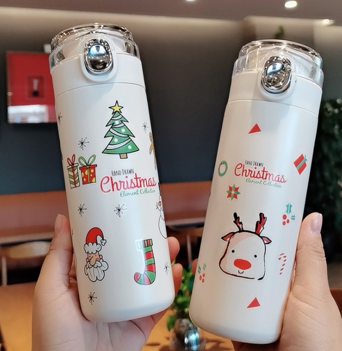 

Christmas Water Bottles Cartoon cute 3D printing creative transparent spring cap Direct Drinking cup portable travel Christmas vacuum cup