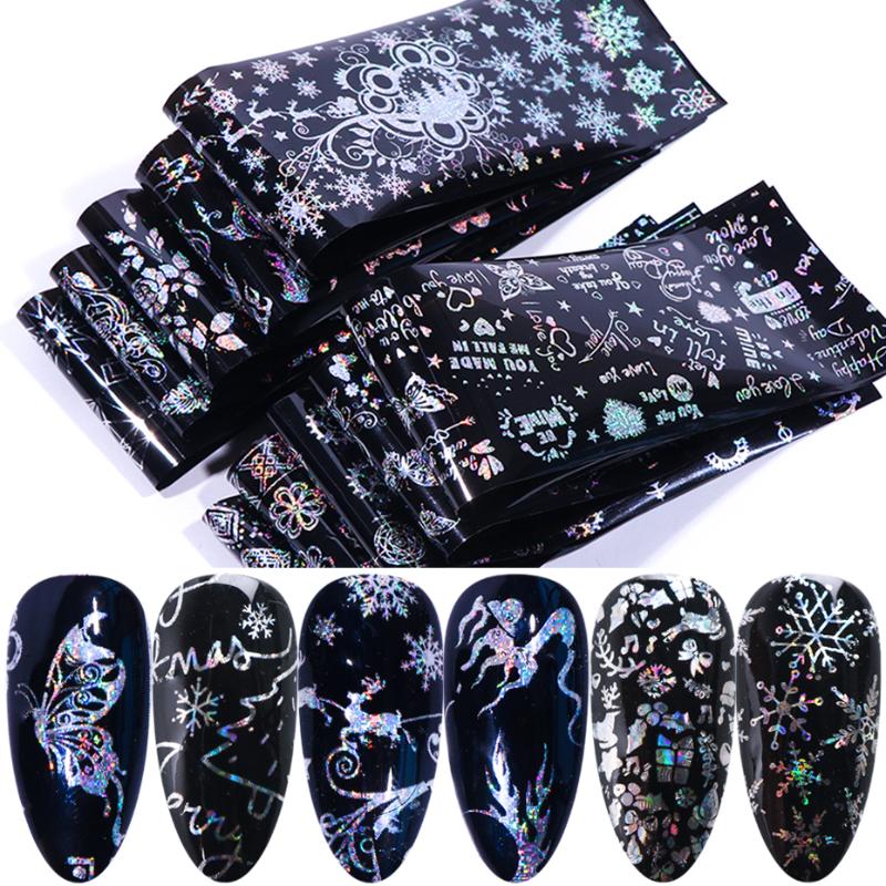

10pcs Holographic Nail Foil Snow Flower Christmas Nail Art Transfer Stickers Winter New Year Art Decorations Tool LA9018, 9114 bag