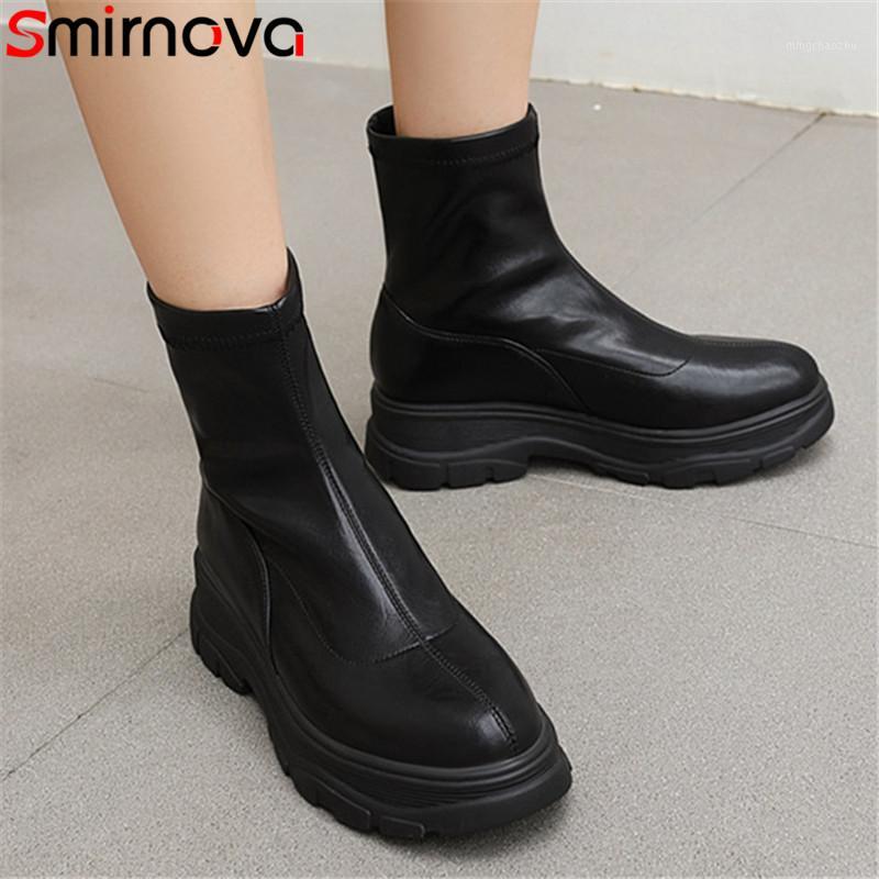

Smirnova 2020 newest flat platform boots women casual shoes round toe autumn winter comfortable fashion ankle boots woman1, Beige