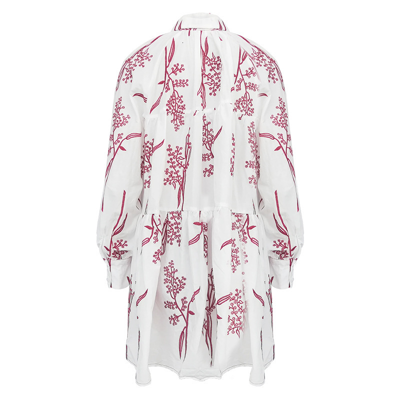 

2021 New Autumn Embroidered Dress Floral Woman Turn-down Collar Long Lantern Sleeve Dressed As White Cotton Track 3m7o, Beige