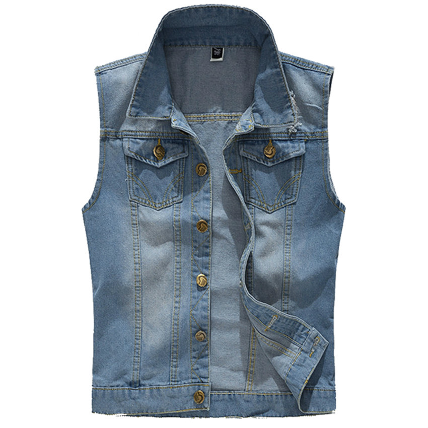 

2021 New Fine Adjustment Cowboy Torn Denim Vest with Sleeves Casual Jean 5xl Male Jacket 3HFH, Light blue.