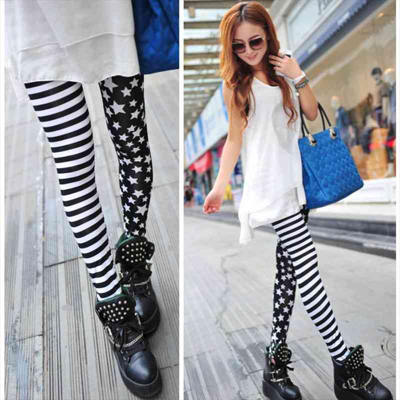

Euramerican Printing Splicing Leggings Fashion Milk Silk Stripe Trousers Office Lady Pant Women Model Star Pants Elastic Legging, Black