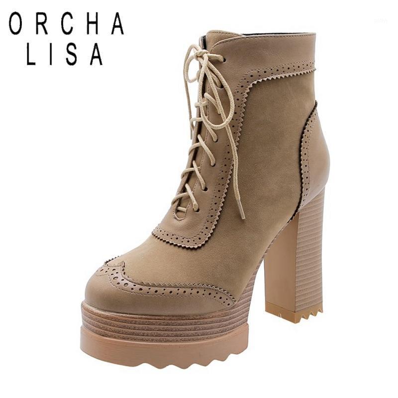 

ORCHA LISA Punk Women Winter Ankle Boots 5cm platform 11cm Chunky Heel Lace up Motorcycle boots Big Size 40-42 Black1, Black