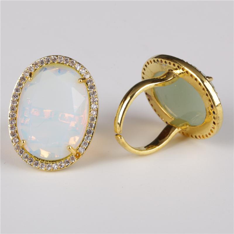 

oval cut faceted white opal cat eye stone bead charm pave white cz crystal rim cycle open finger gold ring cuff for women
