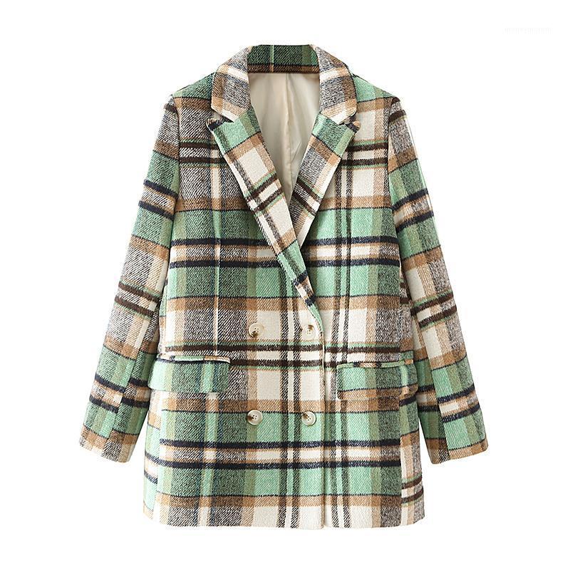 

ZXQJ Elegant Women Green Plaid Woolen Coats 2020 Fashion Ladies Double Breasted Blazers Streetwear Female Chic Pocket Jacket1