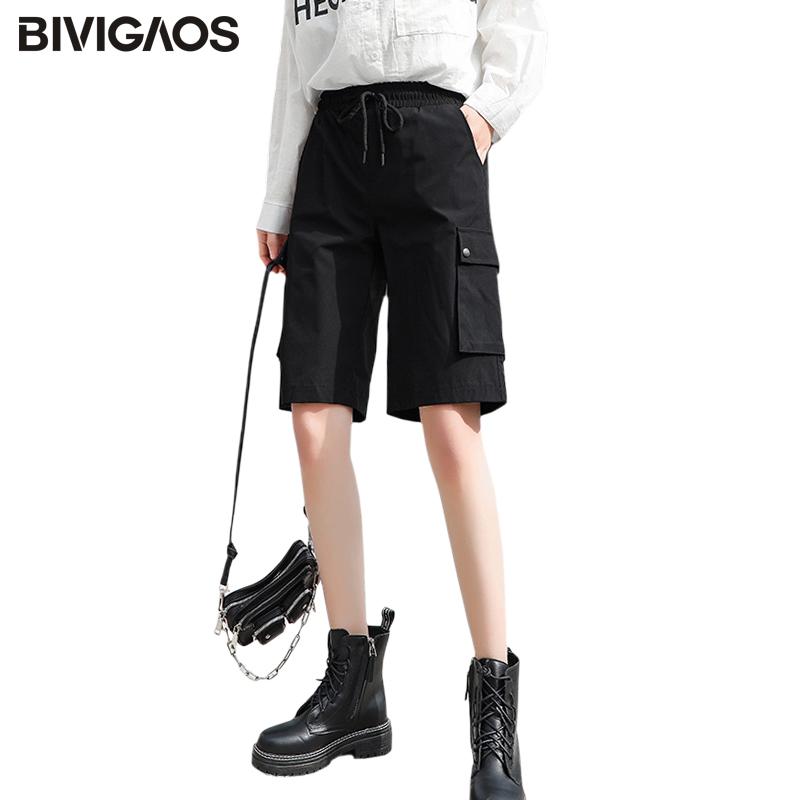 

BIVIGAOS Cargo Shorts Women 2020 Summer New Loose Straight Large Pockets Short High Waist Thin Sport Shorts Casual Knee, Black