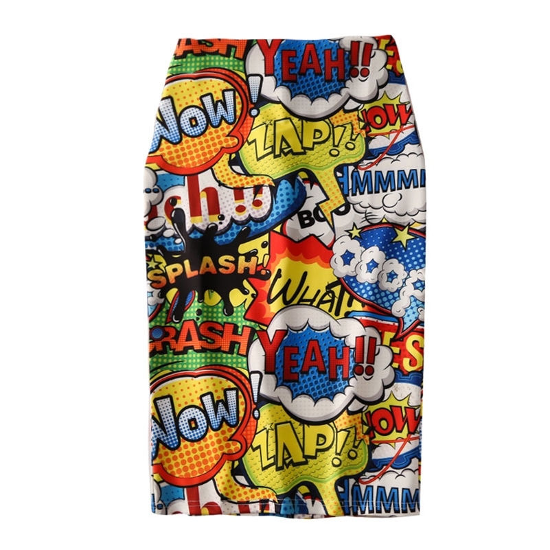 

Women Harajuku Pencil Skirts Colorful Cartoon Yeah! Letters printing High Waist Slim Midi Split Sexy Female Falda SP532 Y200326, As pic
